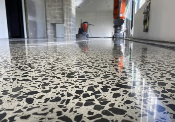 This image showcases a polished terrazzo floor with scattered black and white chips. A vacuum cleaner and reflection of a person are visible in the background.