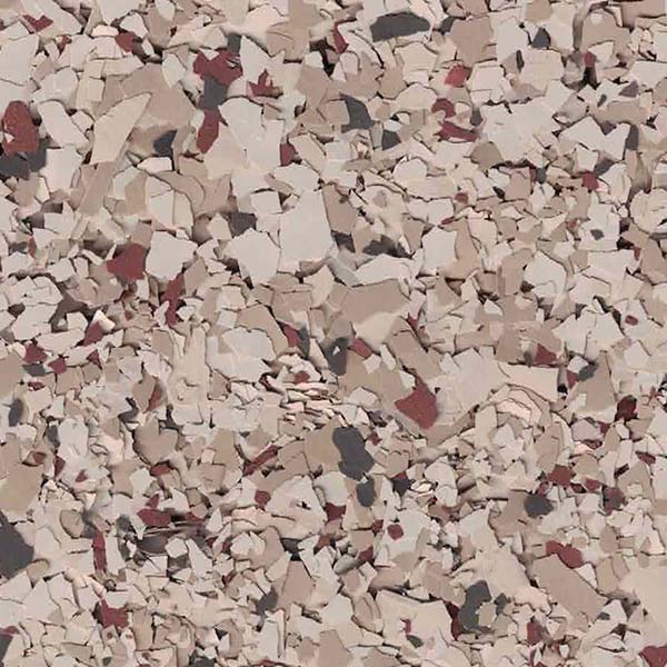 The image displays a camouflaged person, partly concealed among many irregular shapes in a palette of brown, beige, and red tones, creating an effective disguise.