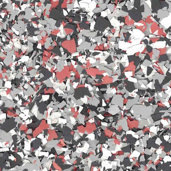 The image shows an abstract pattern of jumbled, irregular shapes in a palette of red, white, and shades of gray. The arrangement has a chaotic feel.
