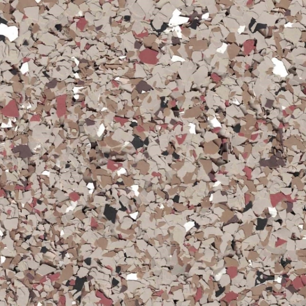 This image displays a textured pattern composed of scattered, variously shaped flakes in neutral and earthy tones, with hints of red, creating an abstract, speckled design.